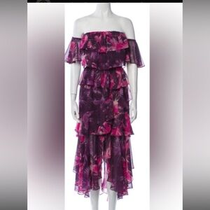 Misa Los Angeles Dalia Off The Shoulder Tiered Midi Dress in Purple Floral Sz M